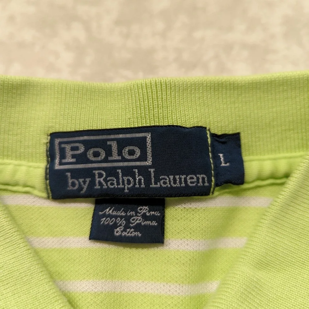 Polo Ralph Lauren Polo Shirt‎ Mens L Lime Green White Striped Pima Cotton Pony